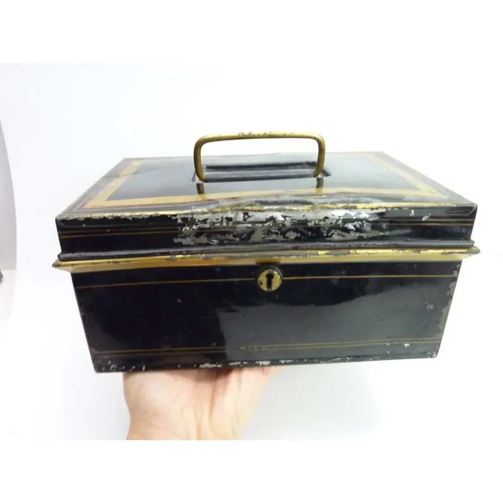 Damaged Antique Metal Cash Box Vintage 1920s Document Safe Black Pinstripe